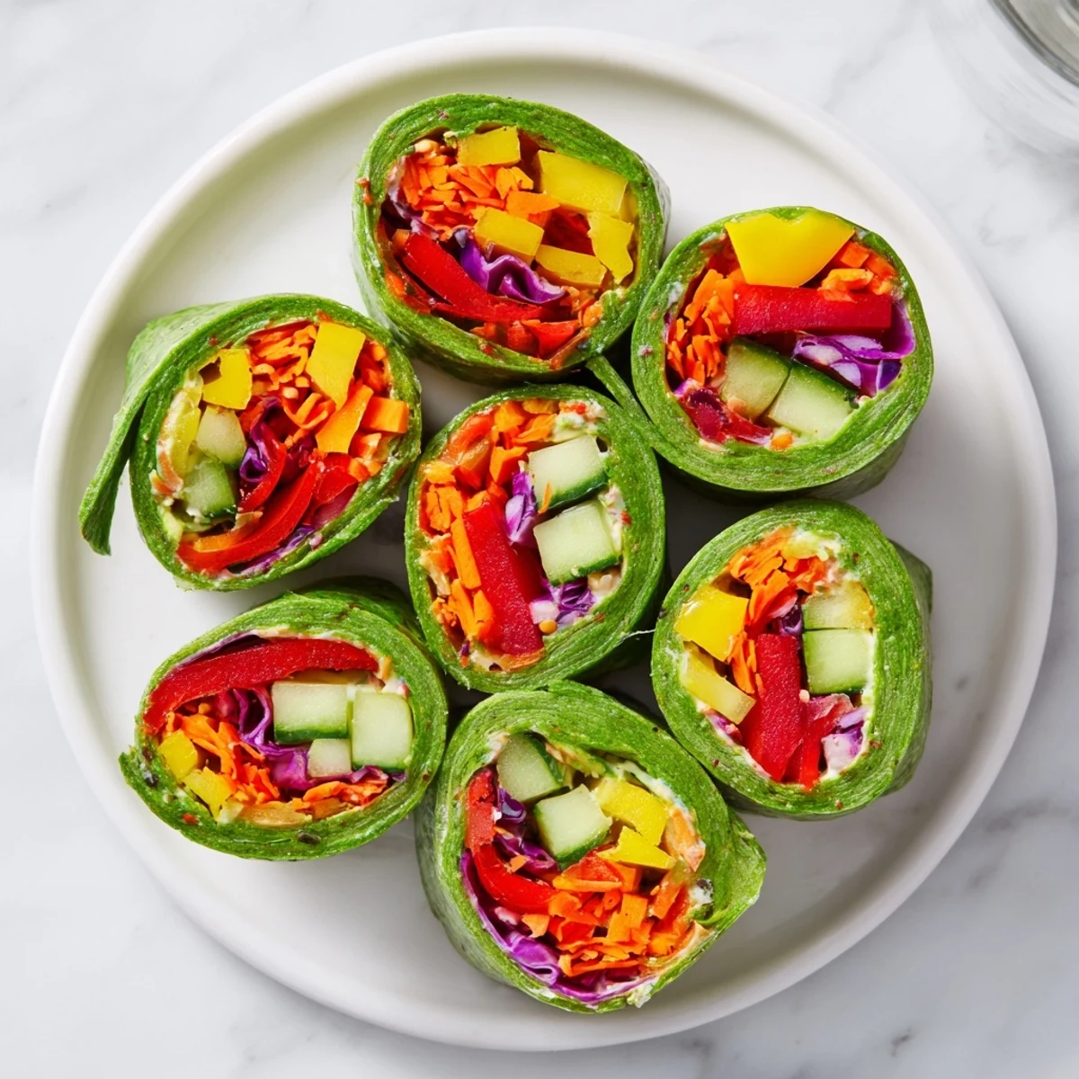 Rainbow Veggie Christmas Lights Wrap Pinwheels, colorful and veggie-filled, ready to serve as a festive appetizer.