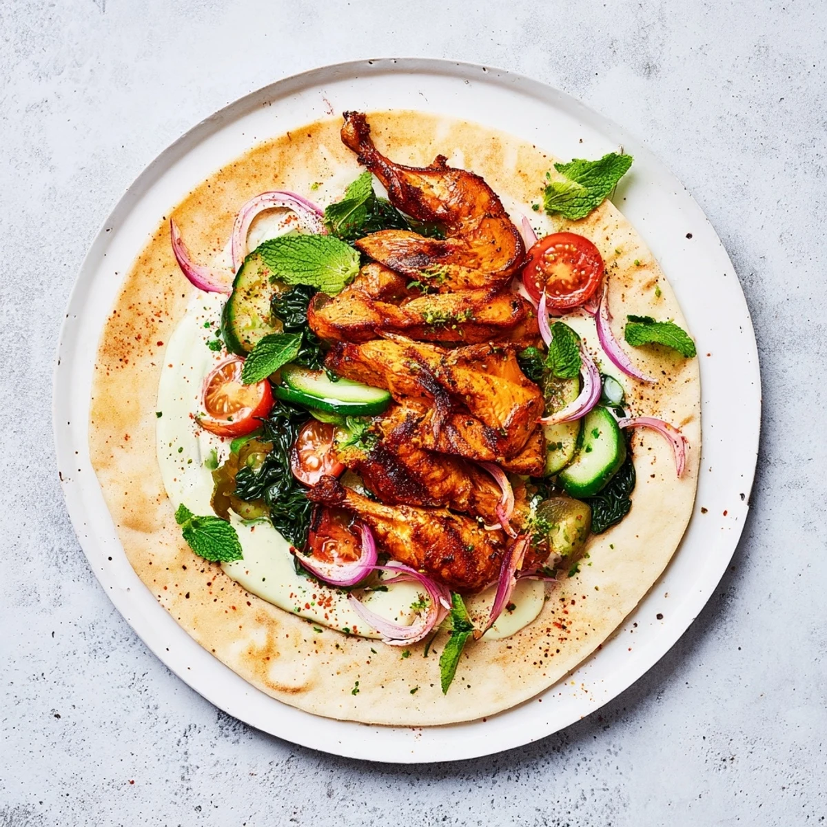 This Greek Yogurt Chicken Shawarma Christmas Wrap features spiced chicken, yogurt sauce, and colorful holiday vegetables, ready to eat.