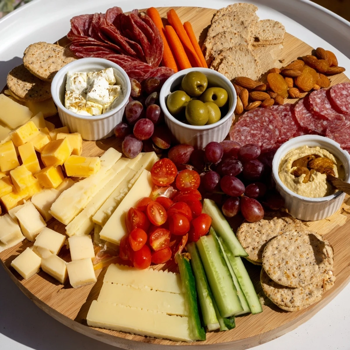 A delightful picnic basket snack board with cheese, fruit, and crackers ready to enjoy outdoors.