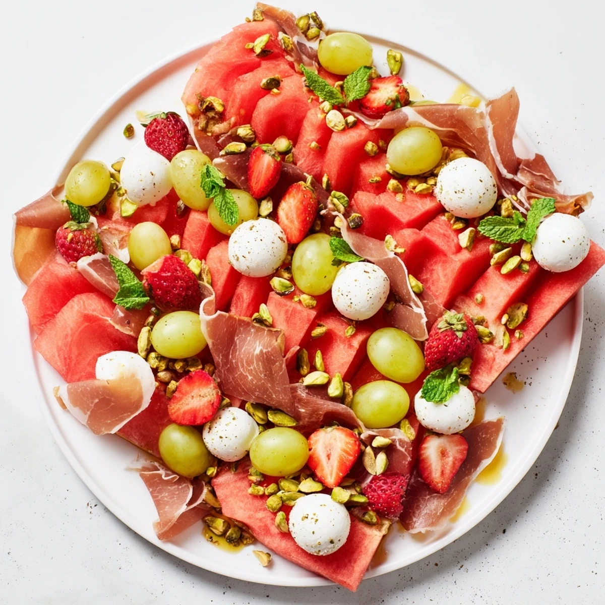 Watermelon slice charcuterie with vibrant fruit, salty feta, and prosciutto, ready to eat.