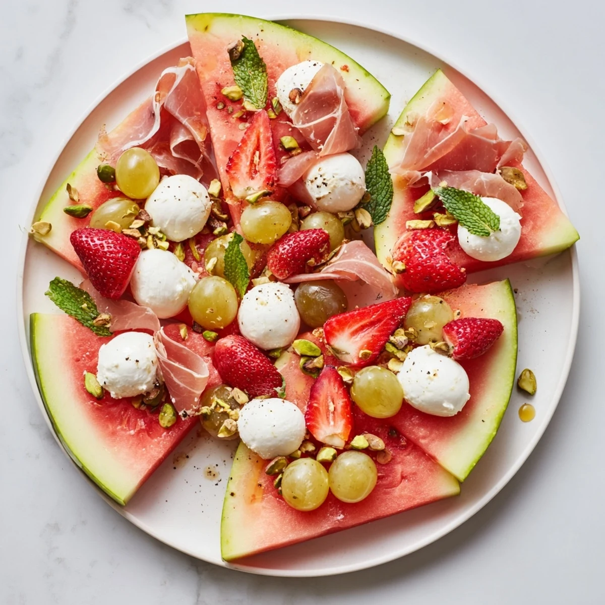A close-up of a refreshing Watermelon slice charcuterie, garnished with mint and a drizzle of honey.