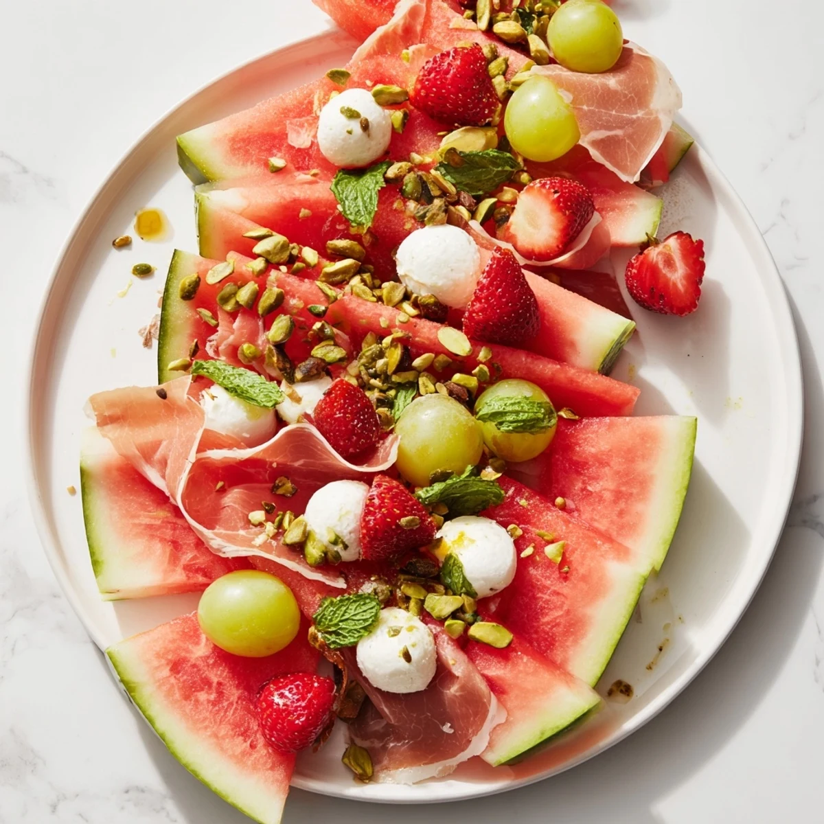 Beautiful Watermelon slice charcuterie platter, arranged with berries and nuts for a fresh summer appetizer.