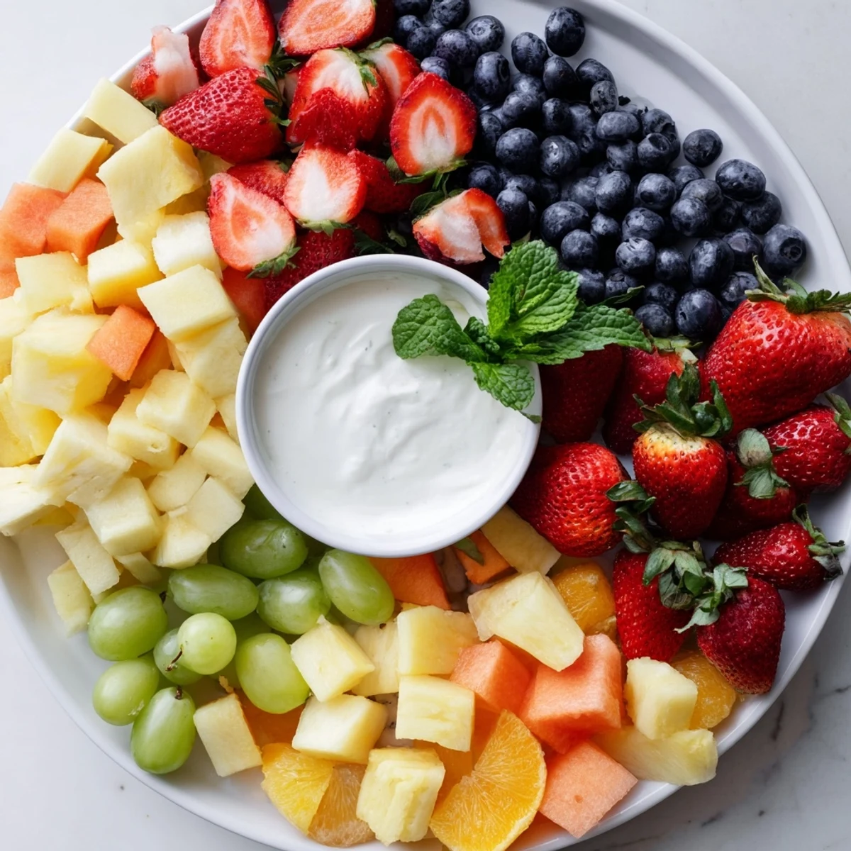 Vibrant Beach Ball Fruit Platter: Colorful strawberries, pineapple, and berries arranged for a summery snack display.