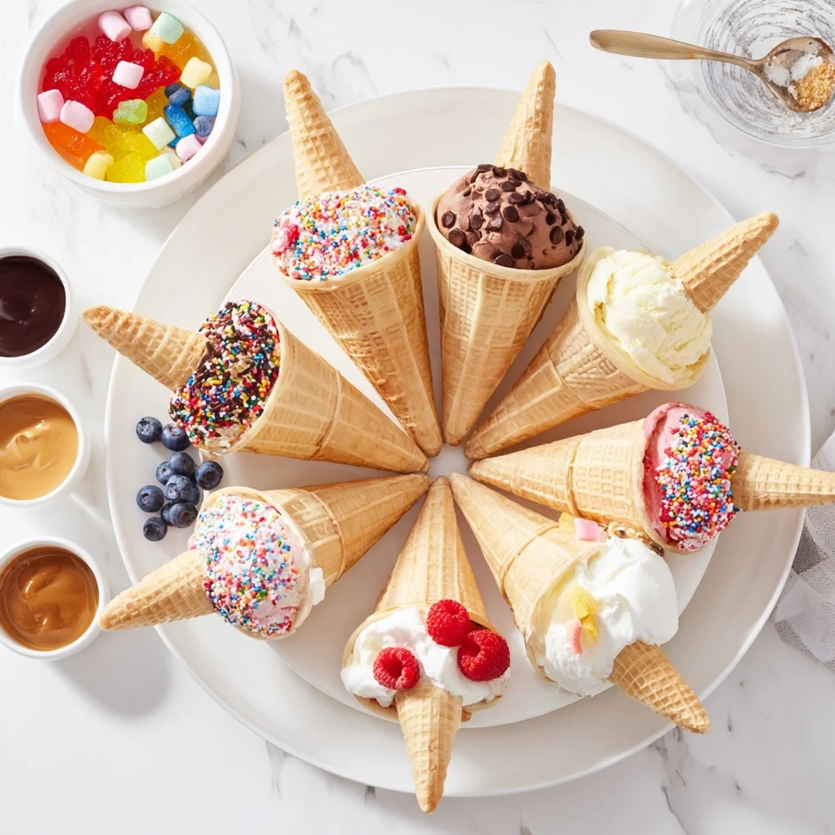 A colorful Ice Cream Cone Grazing Board filled with waffle cones, fresh berries, and sweet toppings.
