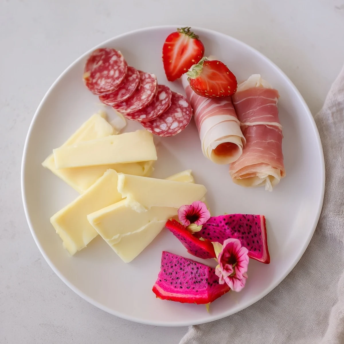 Flamingo Paradise Board: A colorful grazing board with fruit, cheeses, and meats ready to serve.