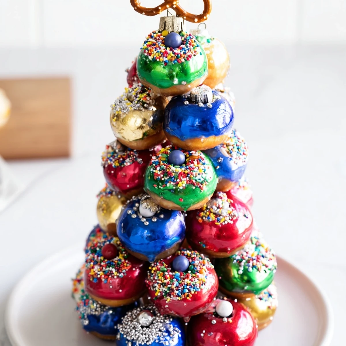 Festive donut stack Christmas ornament tower, glistening with colorful icing and holiday sprinkles.