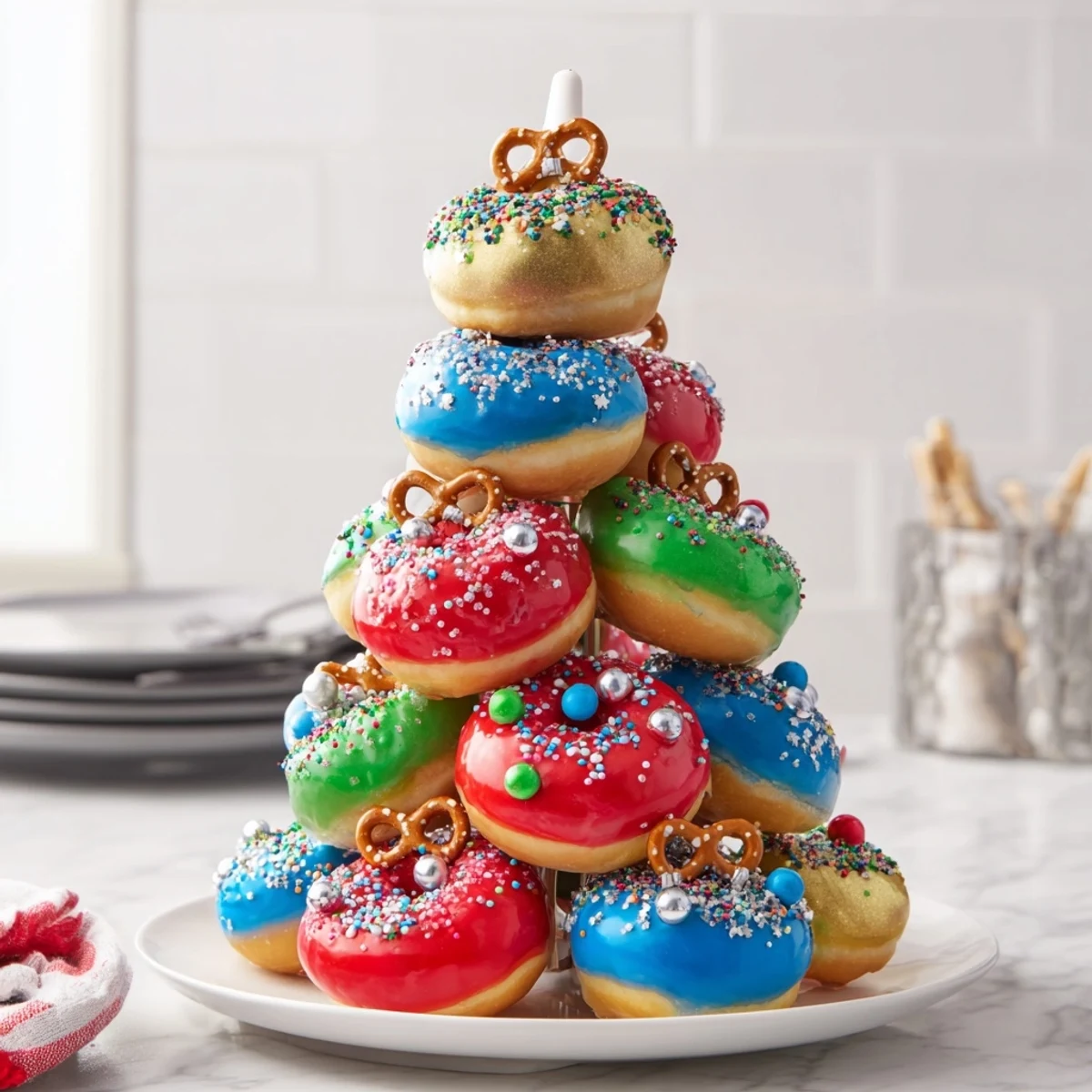 Irresistible image: the donut stack Christmas ornament tower, a sweet holiday dessert ready to eat.