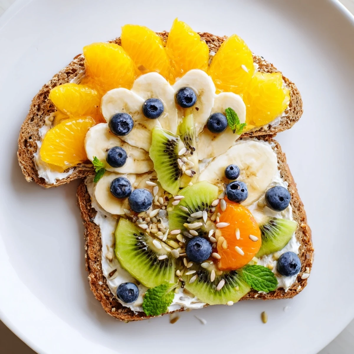 Vibrant Morning Sun Breakfast Toast Designs: Colorful fruit arrangements on toast, a cheerful start!