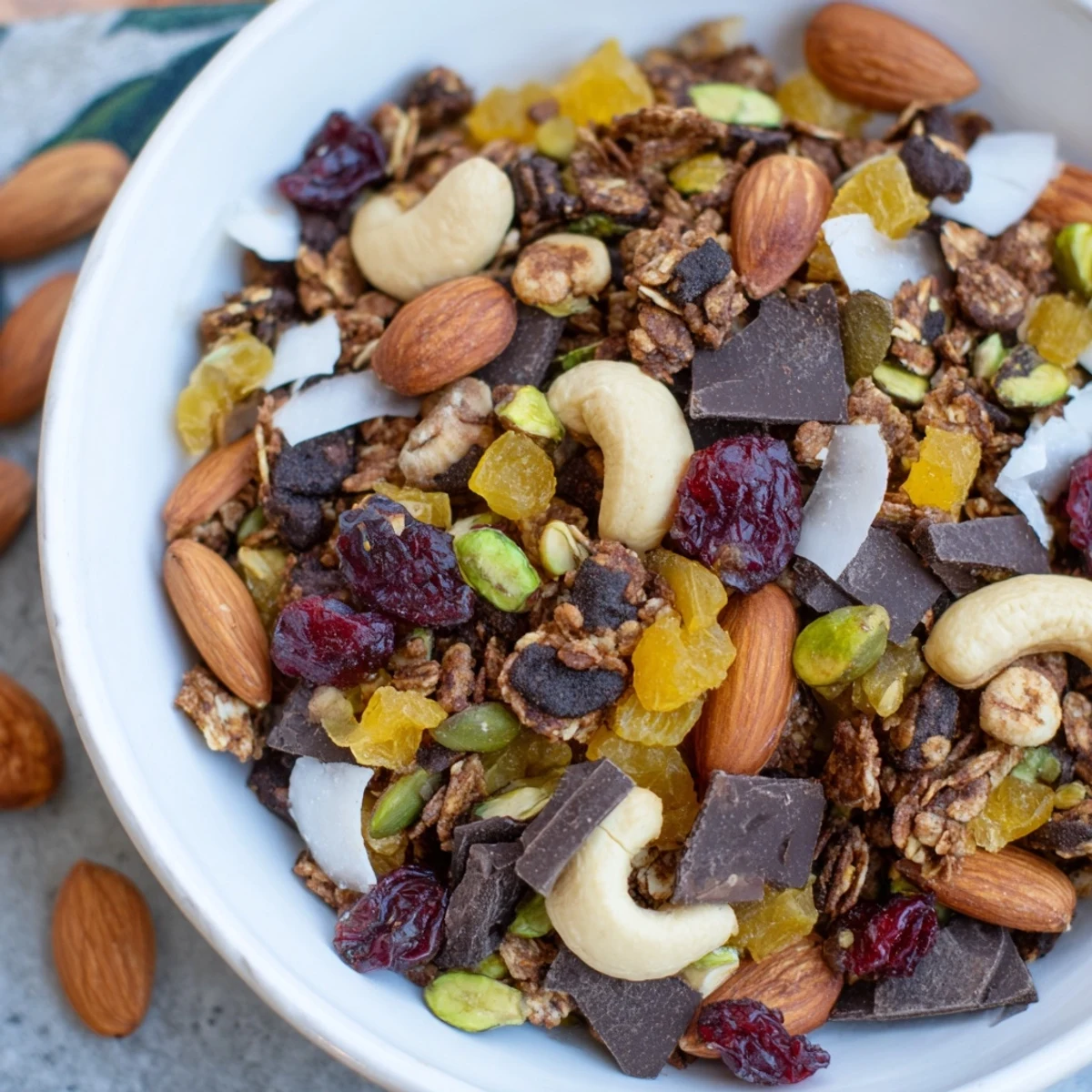 A close-up of delicious Mountain High Adventure Snack Mix, packed with nuts, fruits, and chocolate chips.