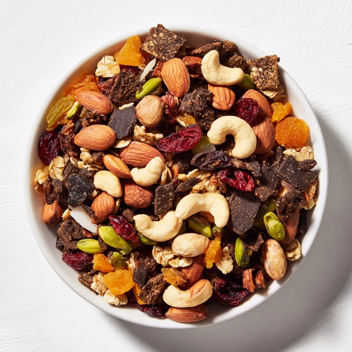 Golden raisins and cashews visible in this vibrant bowl of homemade Mountain High Adventure Snack Mix.