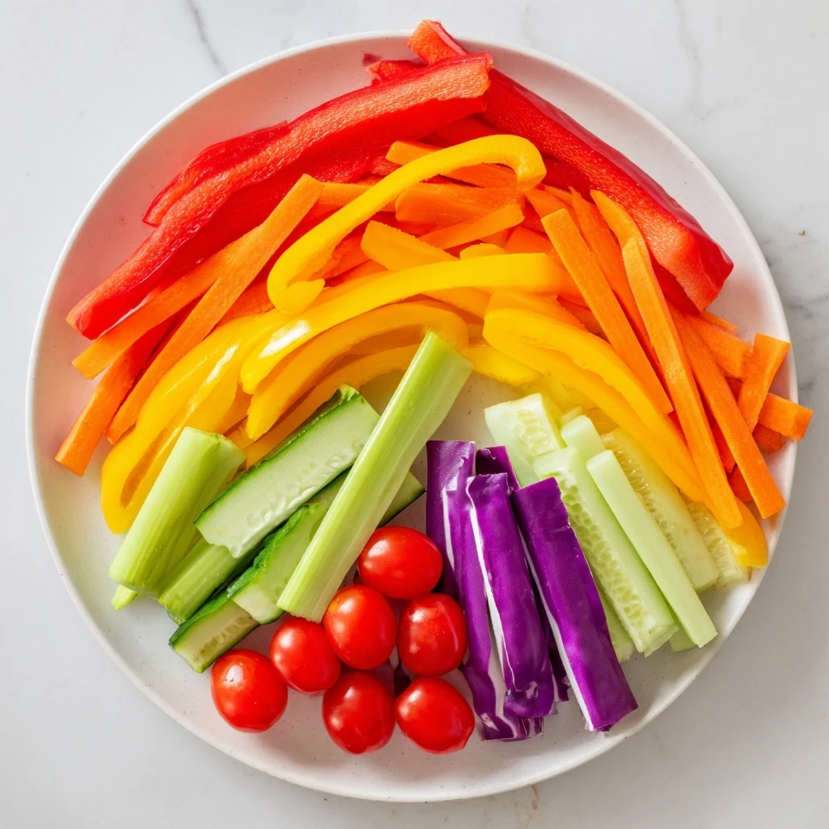 Vibrant Rainbow Arch Bright Veggie Sticks, a rainbow of crisp peppers, carrots, and tomatoes ready to dip.