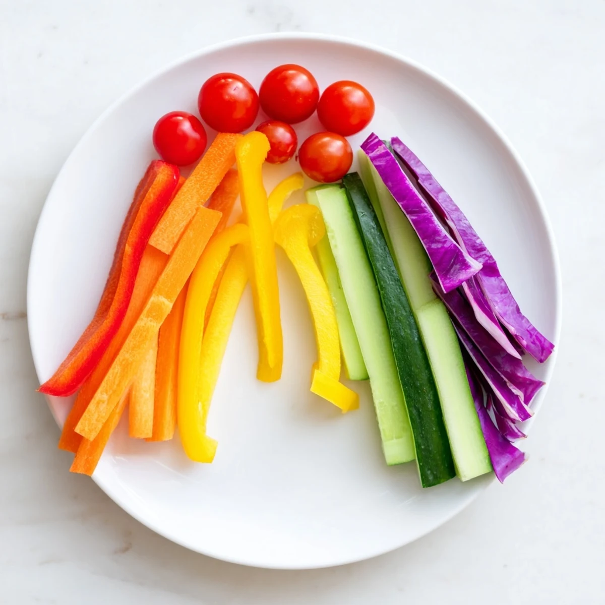 Fresh Rainbow Arch Bright Veggie Sticks, a colorful veggie platter perfect for a healthy, party-ready snack.