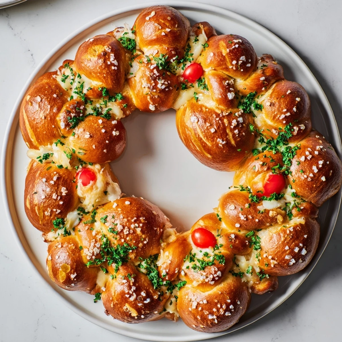 Golden, pull-apart pretzel joy wreath appetizer, warm from the oven with a cheesy interior.