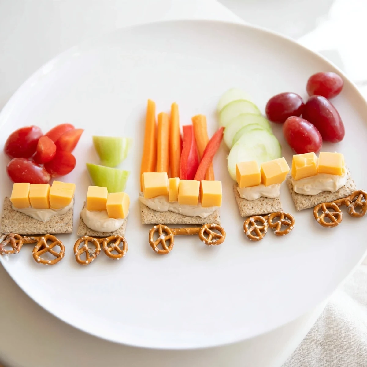 Choo Choo Train Snack Track loaded with colorful fruits, veggies, cheese and crackers, ready to eat!