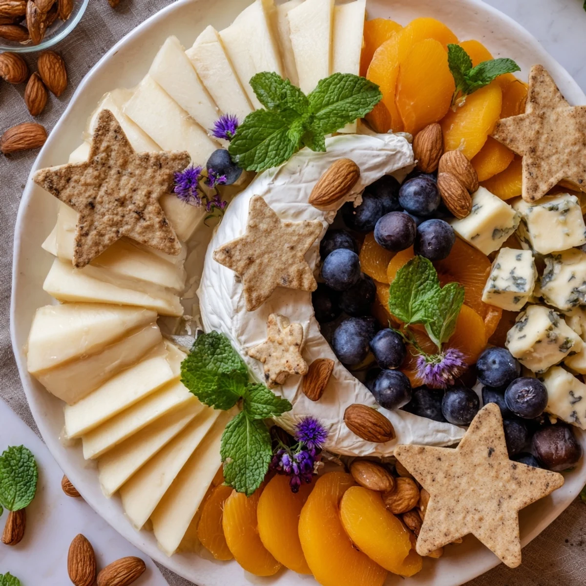 A beautiful Crescent Moon Midnight Snack Board overflowing with cheeses, fruits, and treats ready to enjoy.