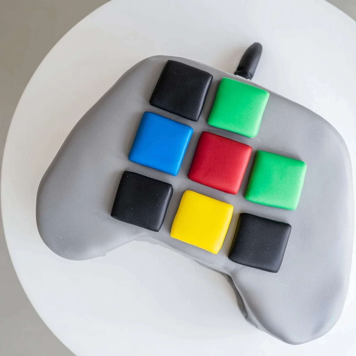 A vibrant pixel video game controller cake with bright fondant buttons is ready to slice.