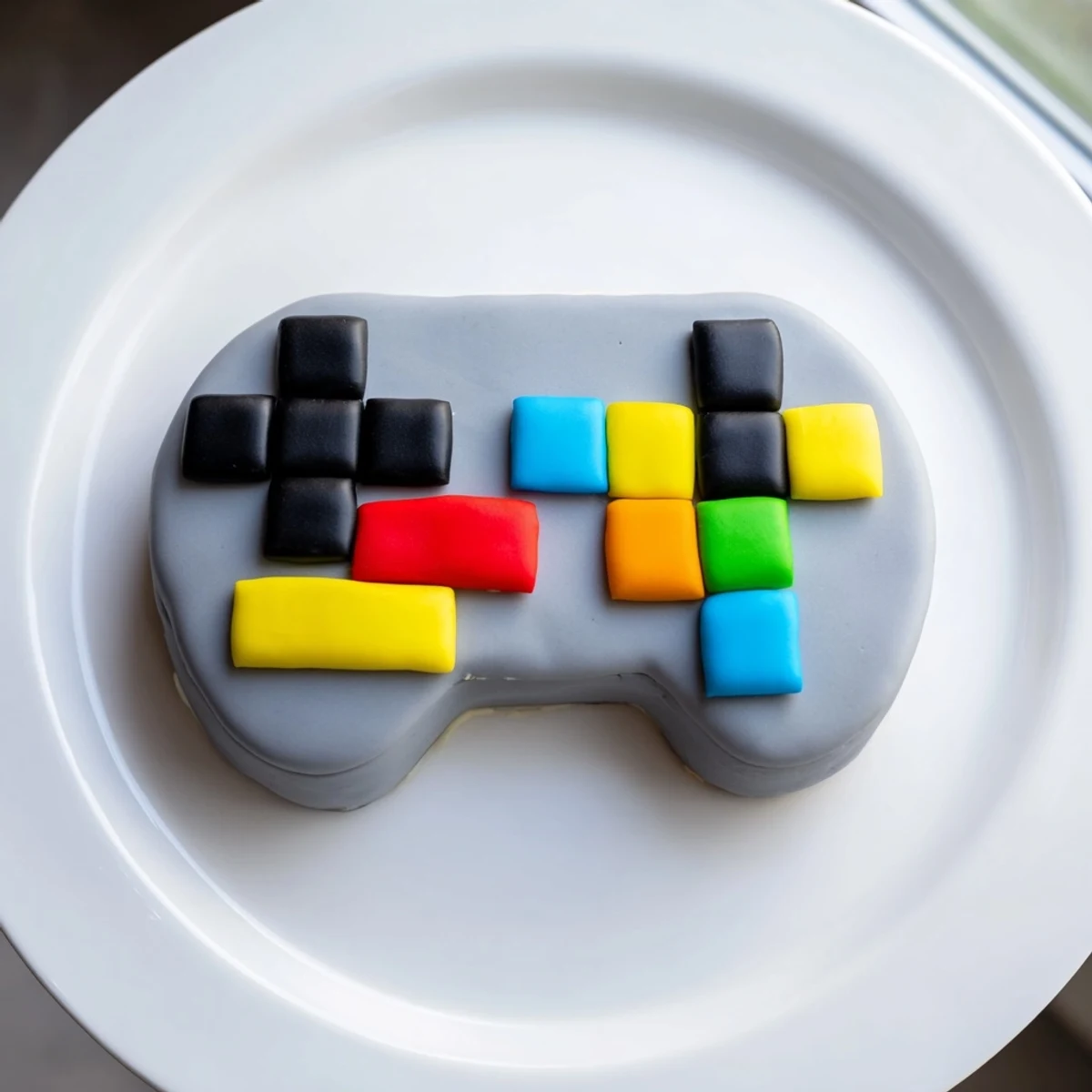 This fun video game controller cake shows off colorful frosted squares resembling a classic game.