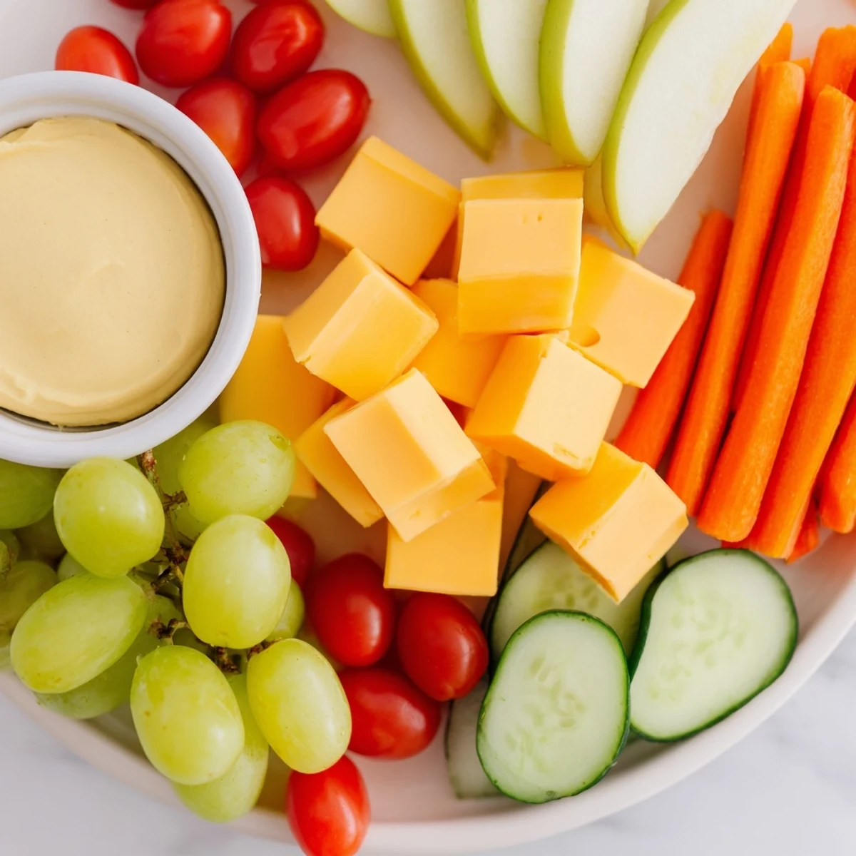 Road trip snack platter: A colorful spread of fresh fruits, cheeses, and crunchy delights for easy car snacking.