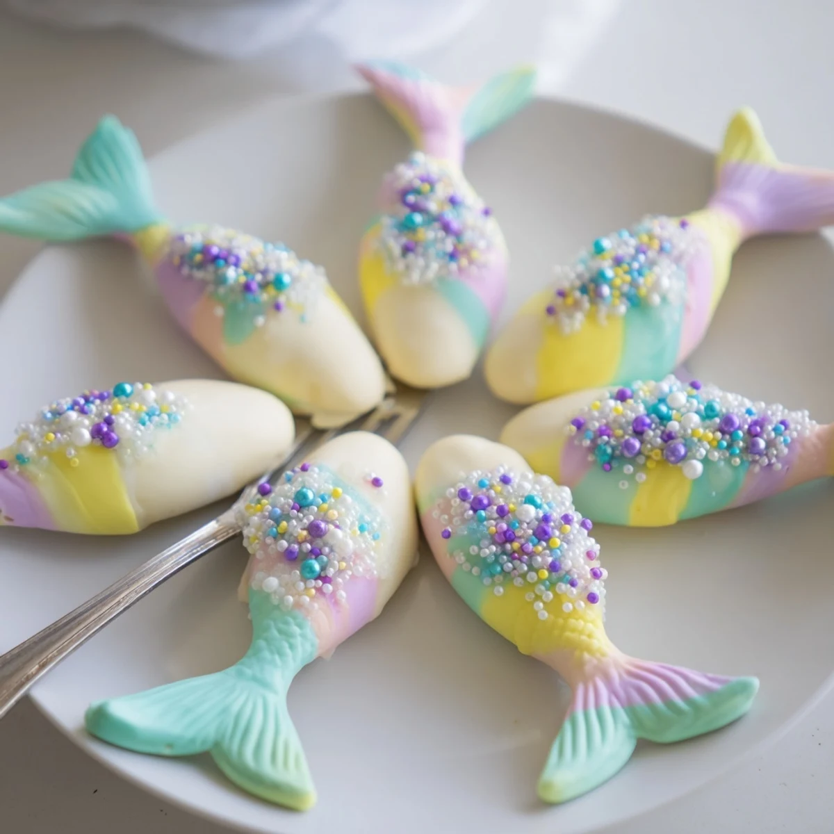 Madeleine mignardises shaped like mermaid tails, dipped in white chocolate and shimmering perfectly.