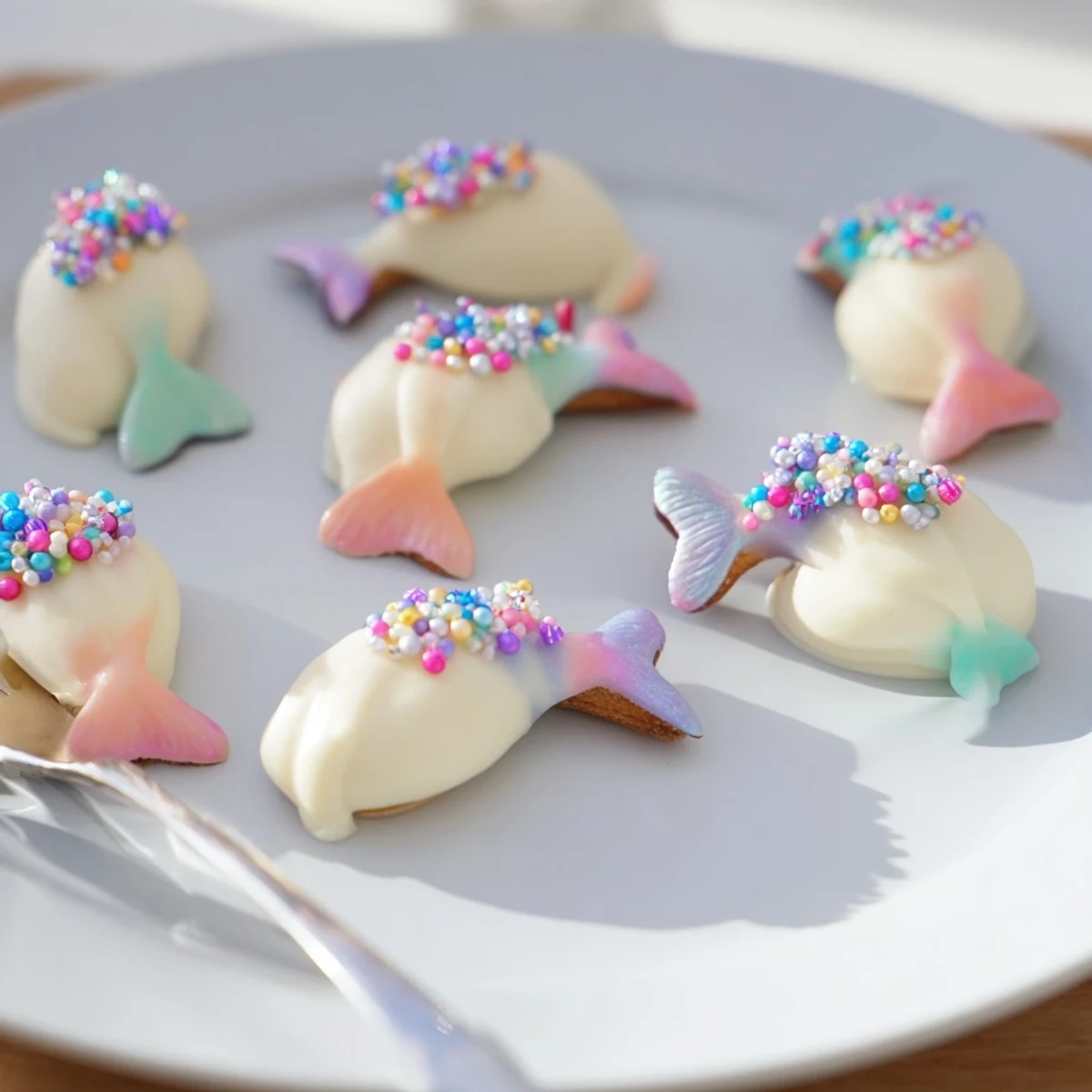 Beautiful pastel mignardises, ready to eat, with mermaid tail sprinkles and edible glitter coating them.
