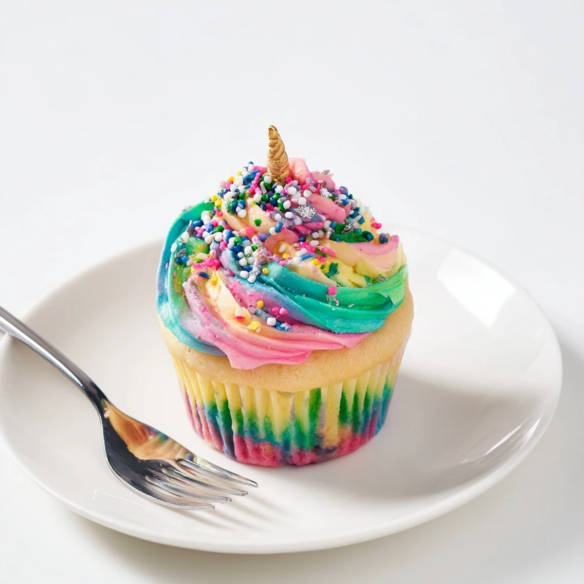 Vibrant overhead shot of the Magical Unicorn Dessert Table, a dreamy party spread of sweets.
