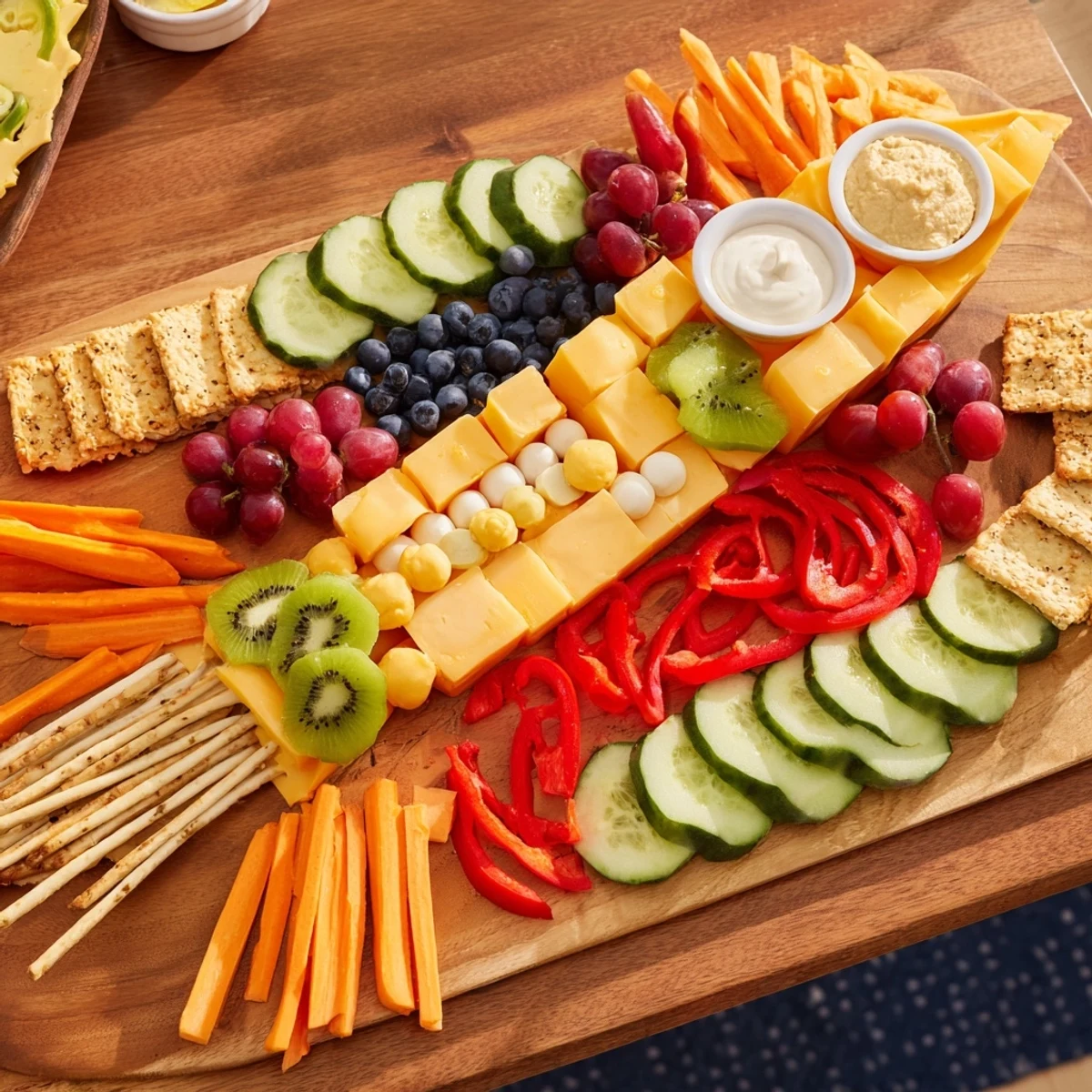 Spaceship Launch Snack Board bursting with colorful fruits, cheese, and crunchy pretzel "rocket boosters."