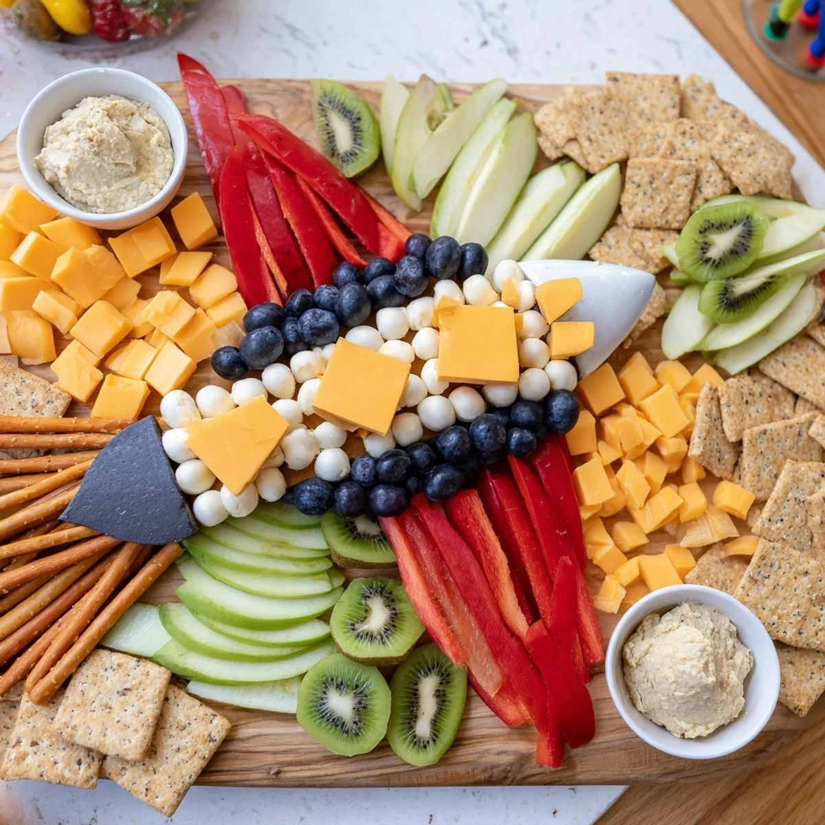 Arrangement of cheese, fruit, and snacks on the Spaceship Launch Snack Board, anticipating a delicious bite.