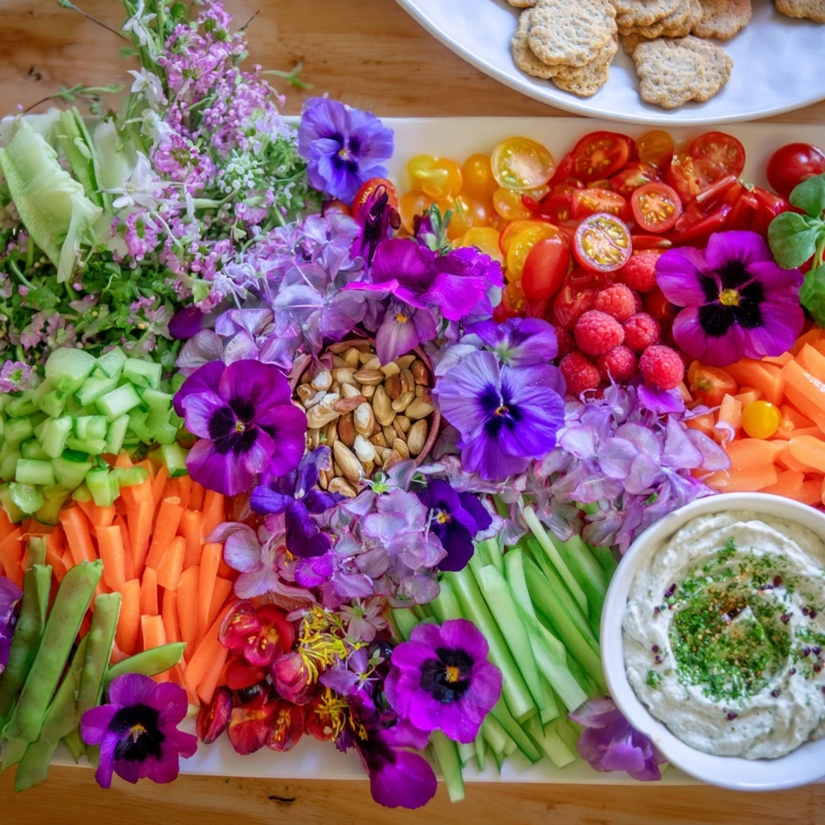 Fairy Garden Platter with vibrant edible flowers, fresh veggies and creamy dips perfect for spring parties.