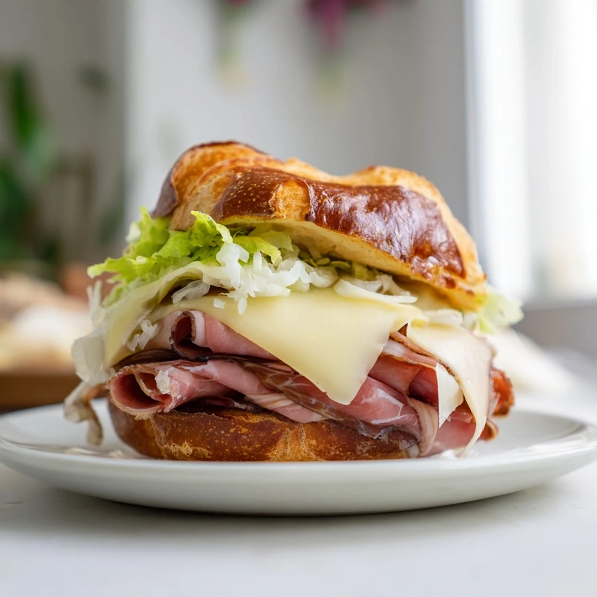 Festin du Château Royal sandwiches feature layers of ham, cheese, and fresh greens, ready to eat.