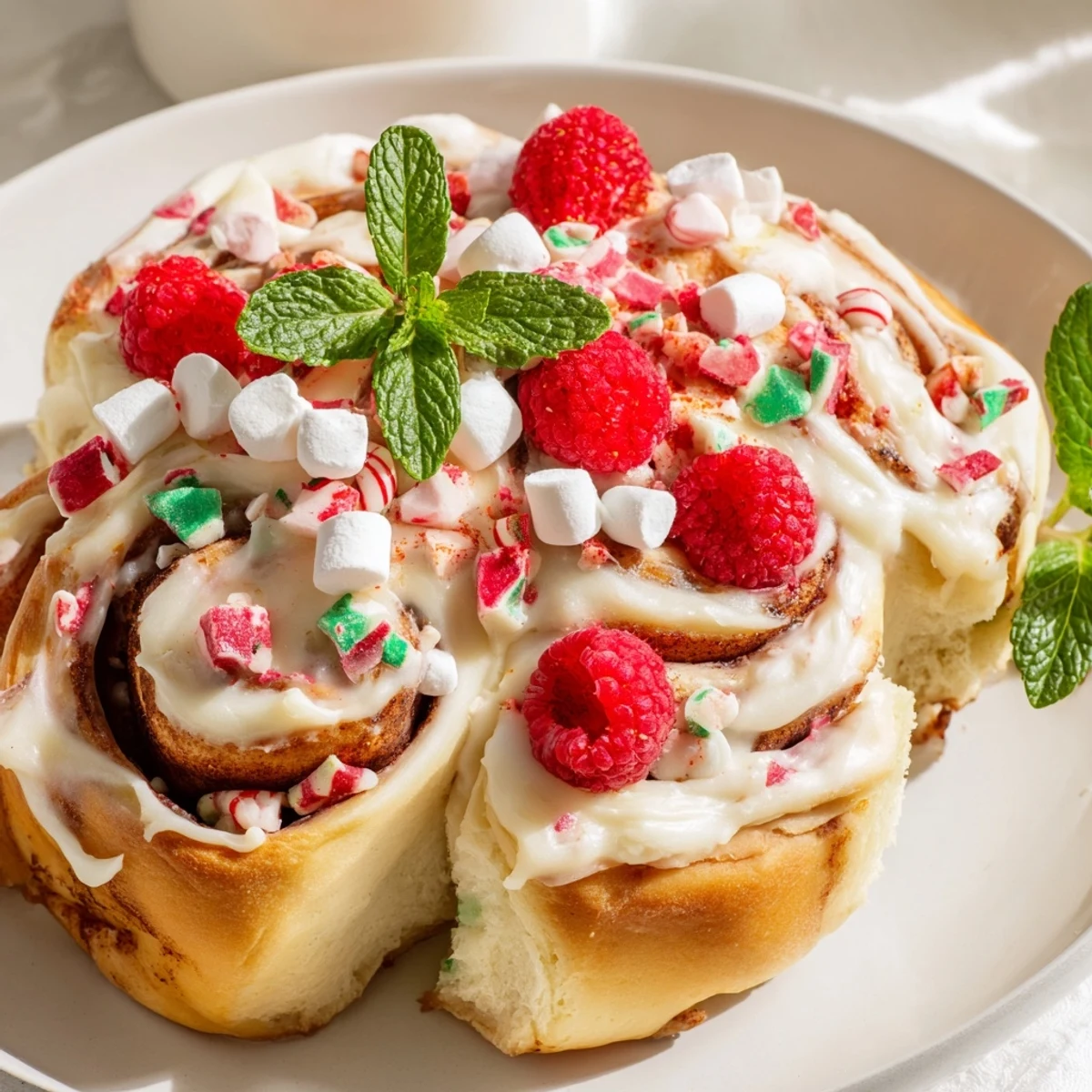 Soft, frosted North Pole Cinnamon Roll Board with red berries and mint, perfect for holiday brunch.