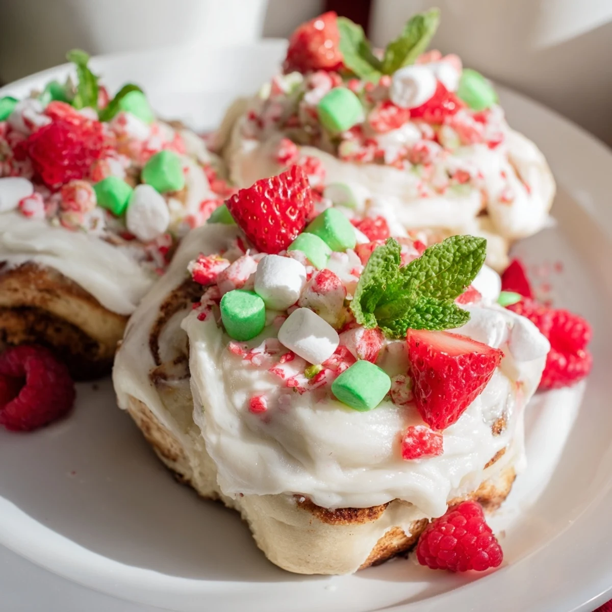 A beautiful North Pole Cinnamon Roll Board features warm, frosted rolls surrounded by bright red candies and toppings.