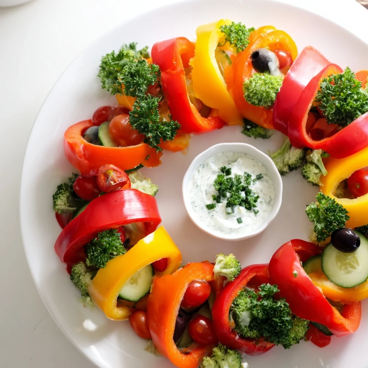 A visually stunning Festive Bell Pepper Wreath appetizer features vibrant bell peppers encircling a flavorful veggie dip.