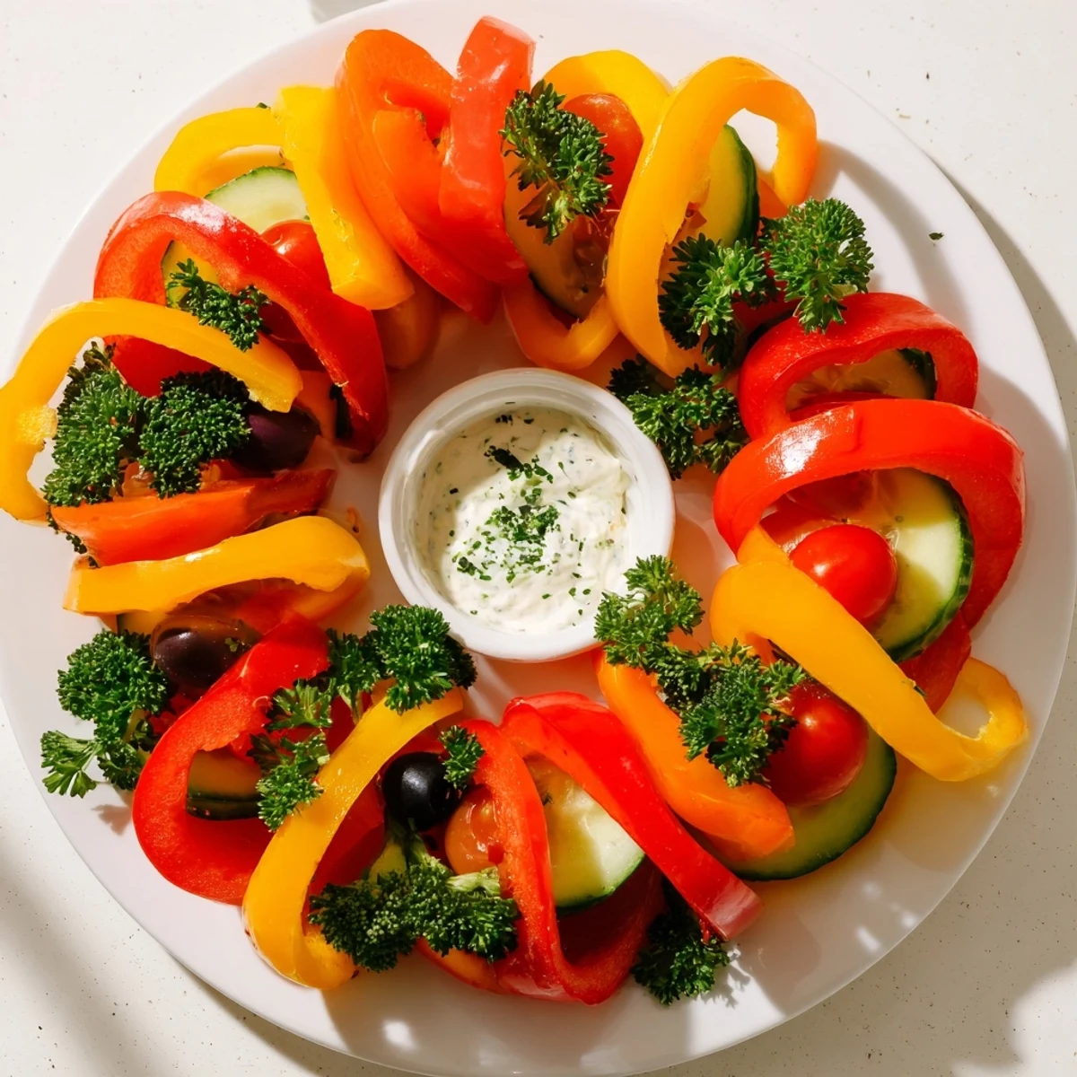 Bright and colorful Festive Bell Pepper Wreath displays fresh veggies with creamy herbed dip, ready to eat.