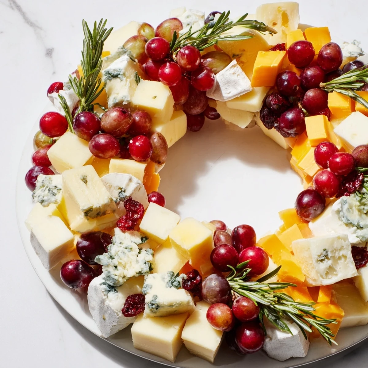 Festive Holiday Wreath Cheese Ring featuring Brie, Cheddar & Gouda, ready to serve with crackers.
