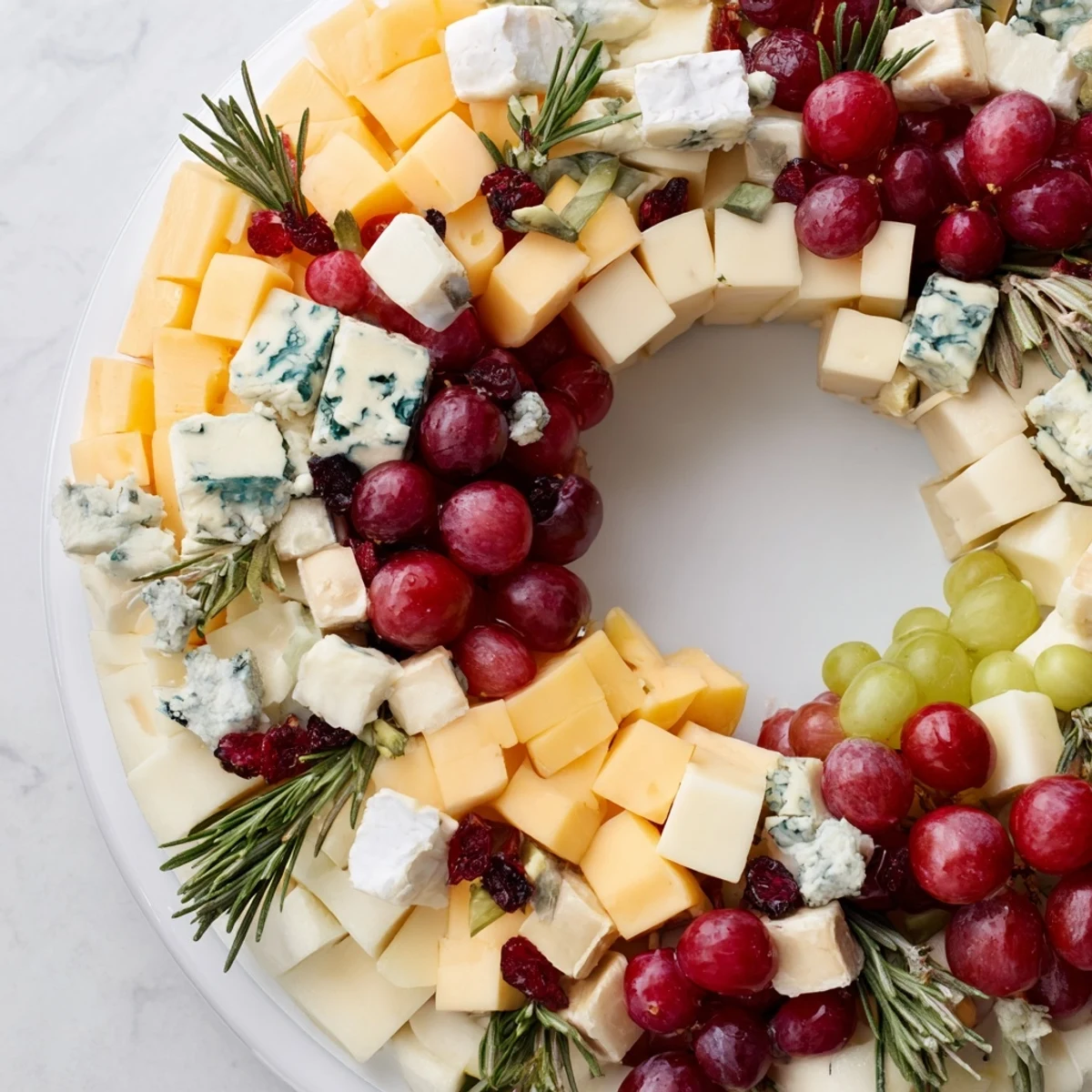 Vibrant Holiday Wreath Cheese Ring with colorful grapes, olives, and nuts arranged artfully.