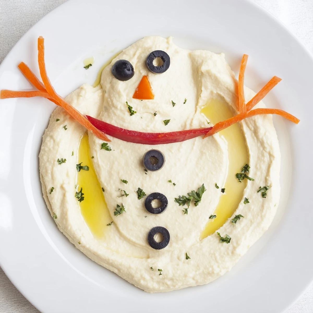 Melted snowman hummus platter, a festive appetizer with carrot nose and olive eyes ready to eat.