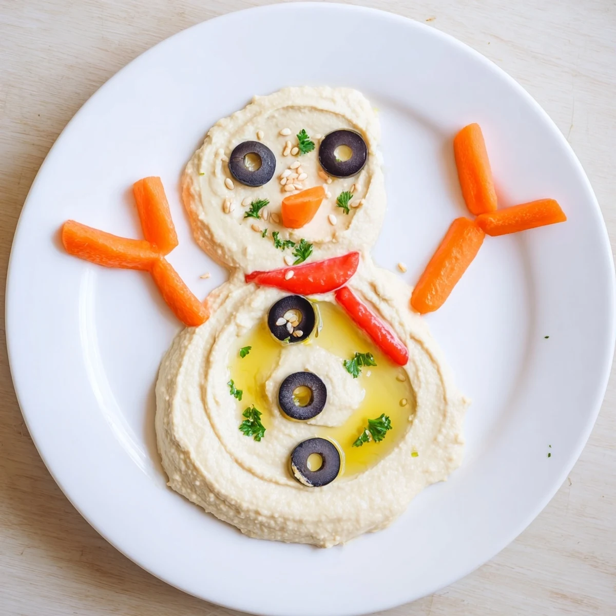 Holiday-themed melted snowman hummus, a delicious vegetarian appetizer perfect for winter gatherings, ready to serve.