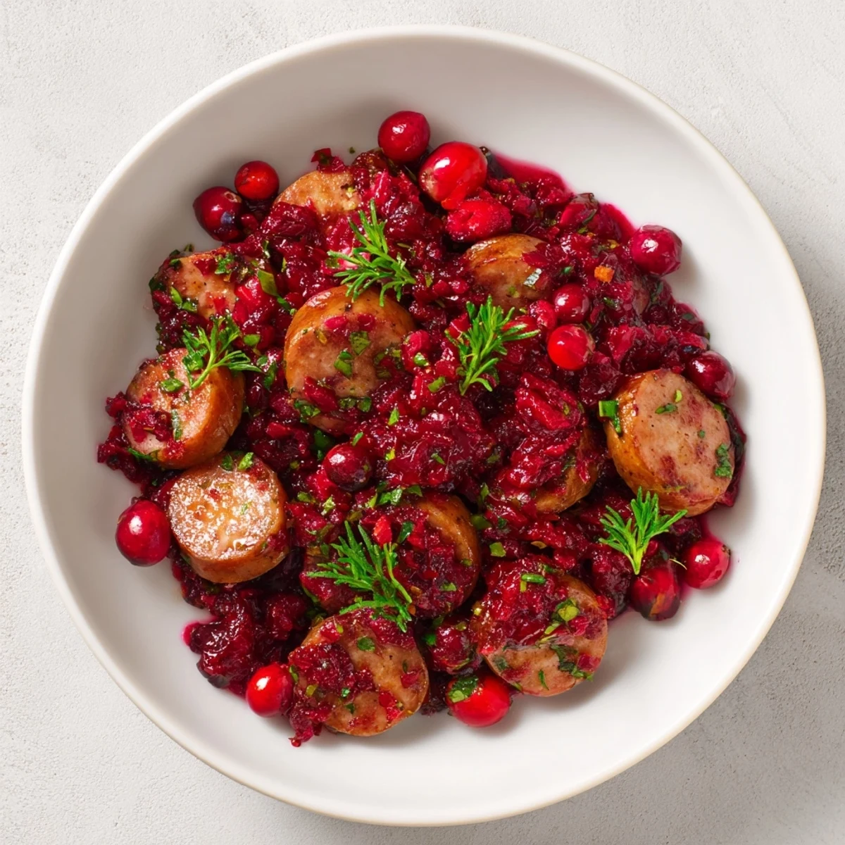 Close-up of golden-brown Festive Holly Berry Sausage Bites topped with vibrant cranberry and rosemary.