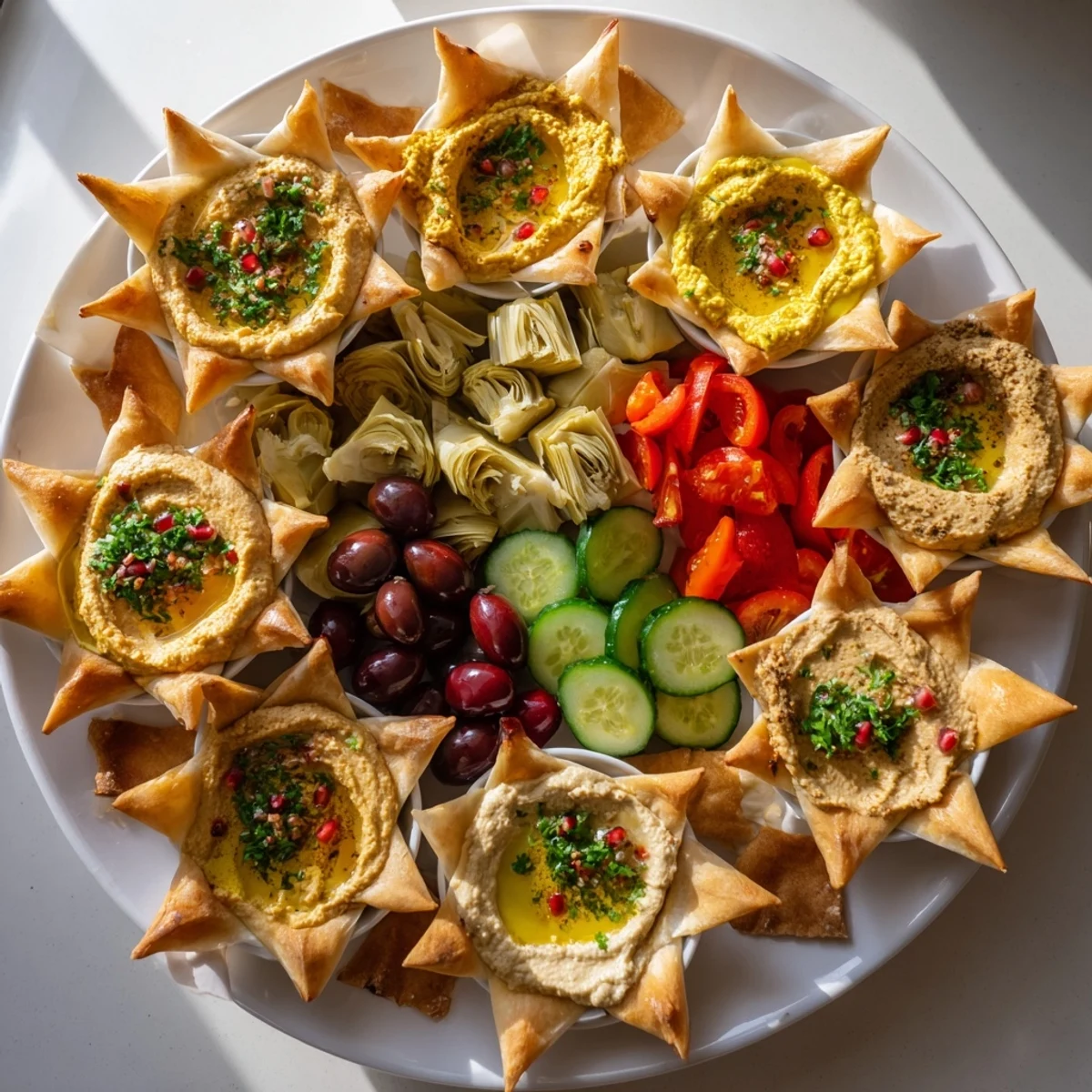 Crispy Three Kings Star Pita Board, perfect for dipping into creamy hummus and enjoying fresh vegetables.