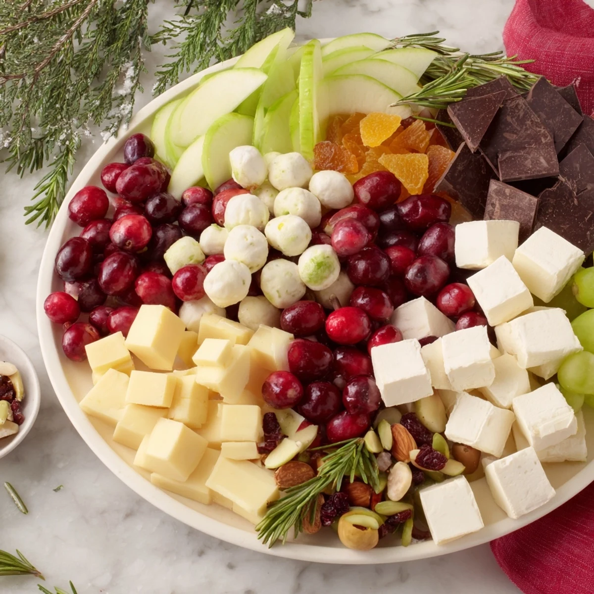 A beautifully arranged Cranberry Joy Tree Board, a festive holiday appetizer with cheese and fruit.