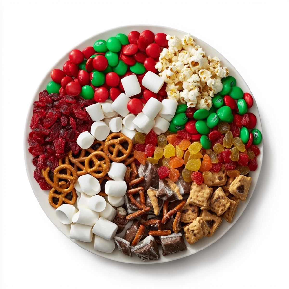 Ready-to-eat Elf Snack Trail Mix, a holiday grazing board with red and green candies and pretzels.