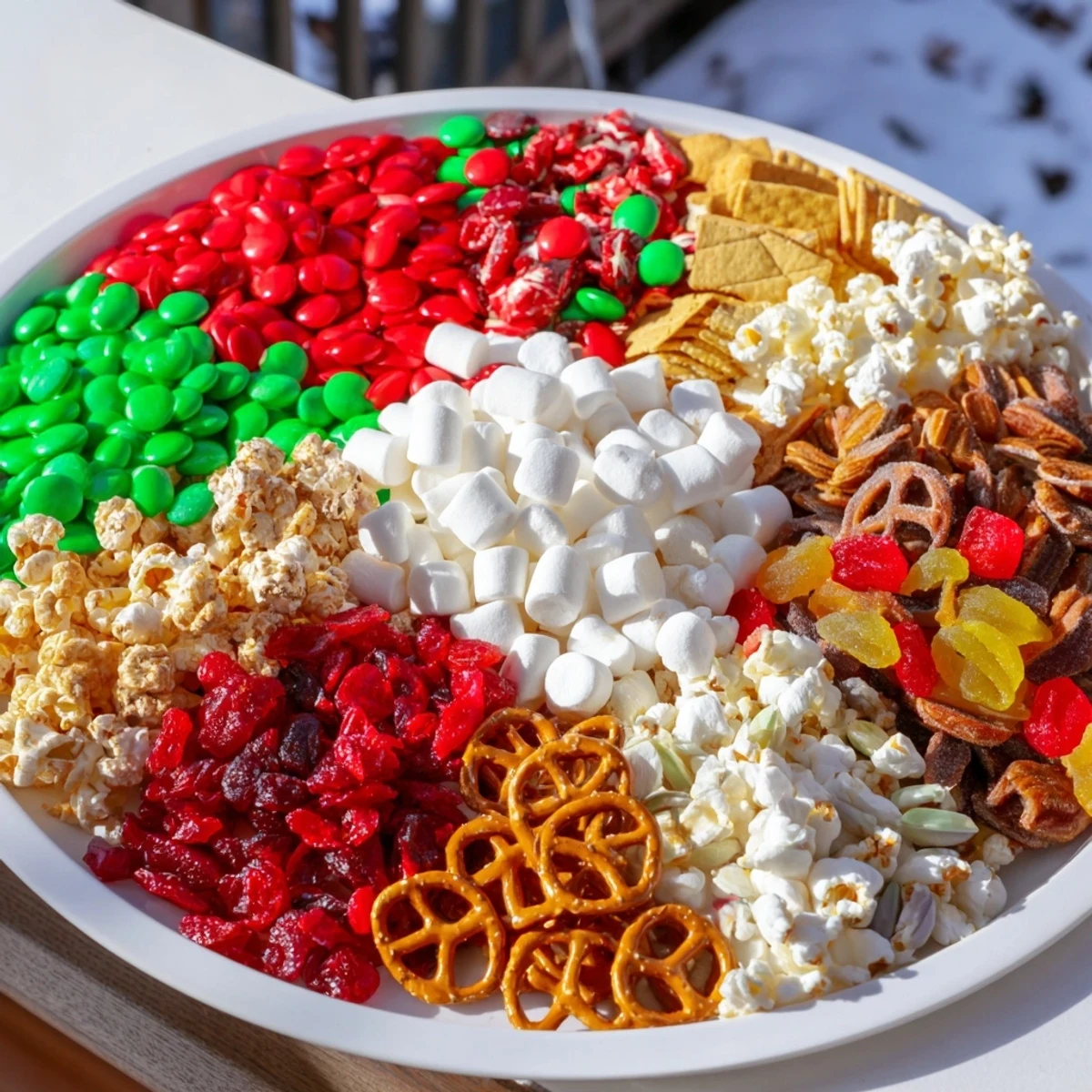 A festive Elf Snack Trail Mix platter, offering a delicious blend of sweet, salty, and crunchy textures.