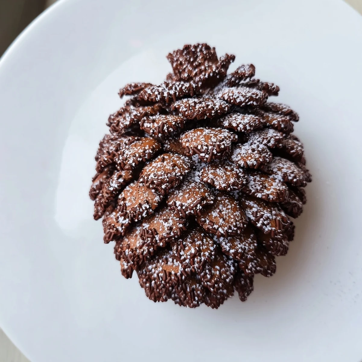Close-up of adorable pinecone shaped peanut butter cookies shows intricate sprinkle details on delicate shapes.