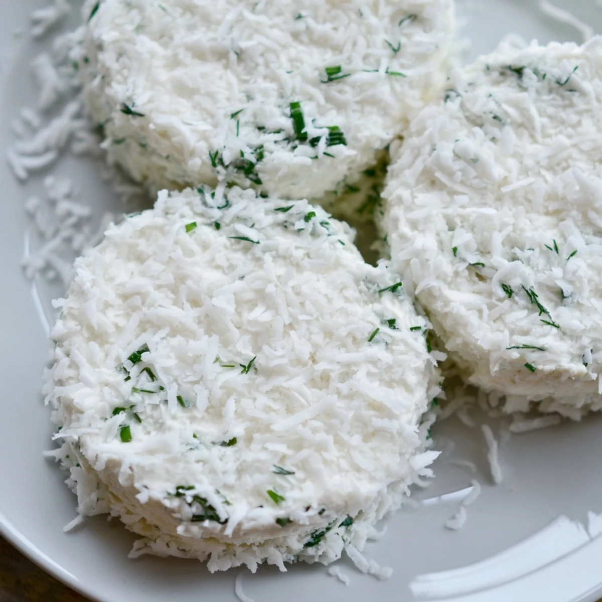 Tiny, coconut-covered Snowball Tea Sandwich Bites with a creamy herb filling, perfect tea party treats.
