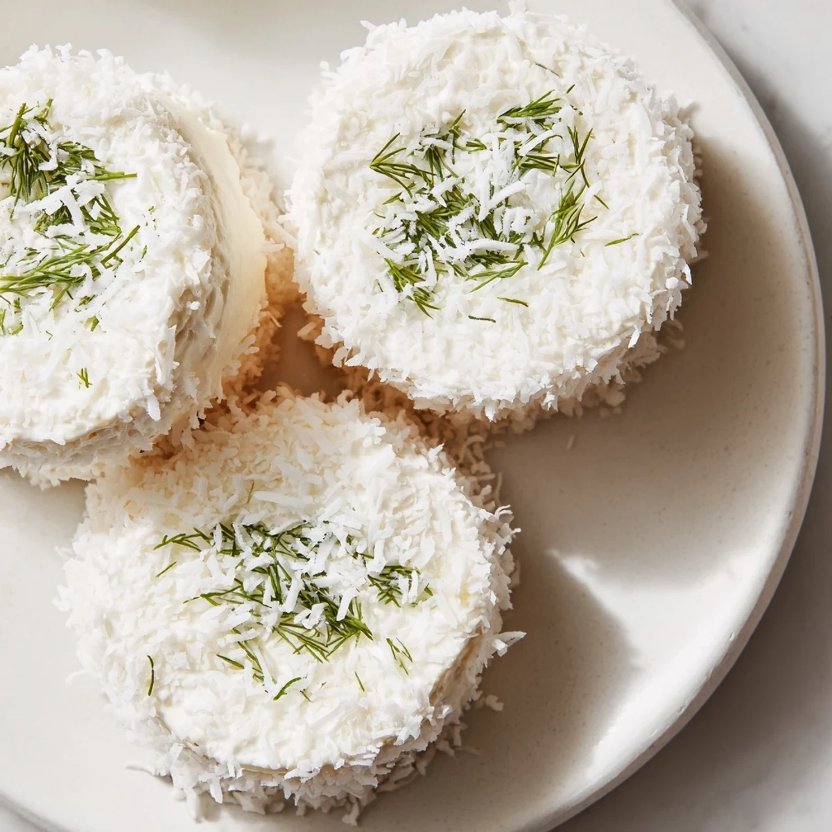 These cute Snowball Tea Sandwich Bites display a creamy cream cheese filling, coated in fluffy coconut flakes.
