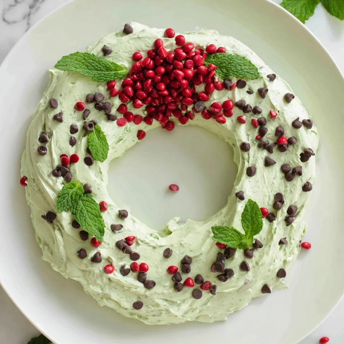 Creamy Mint Chocolate Chip Dip Wreath, adorned with festive red candies and mint leaves.