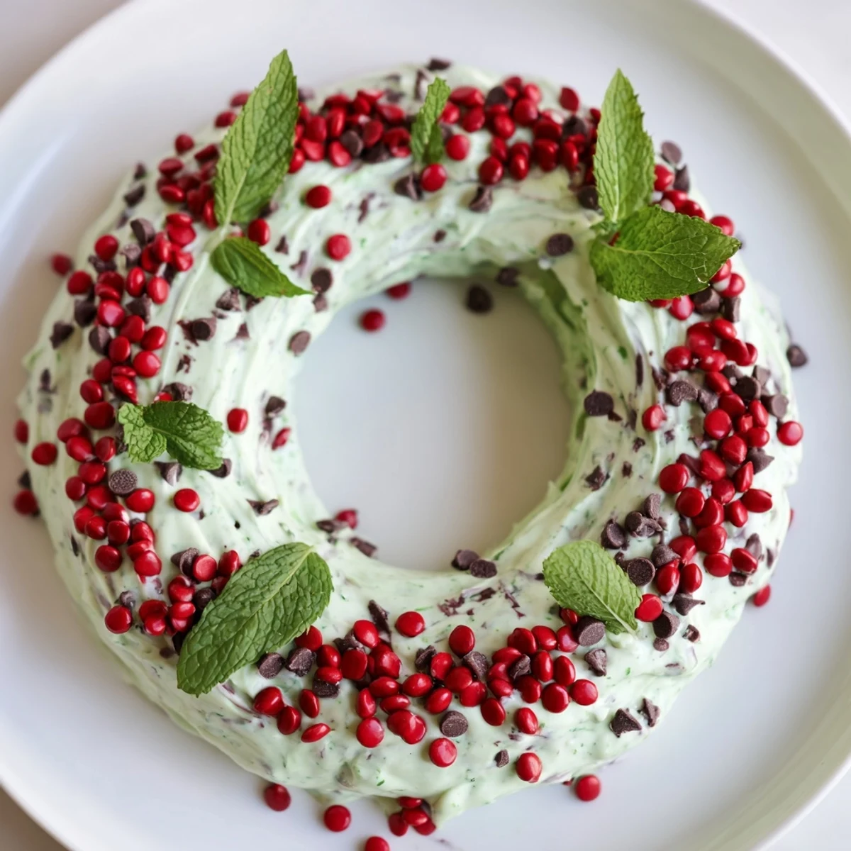 A close-up of a festive Mint Chocolate Chip Dip Wreath, ready to be scooped with cookies.
