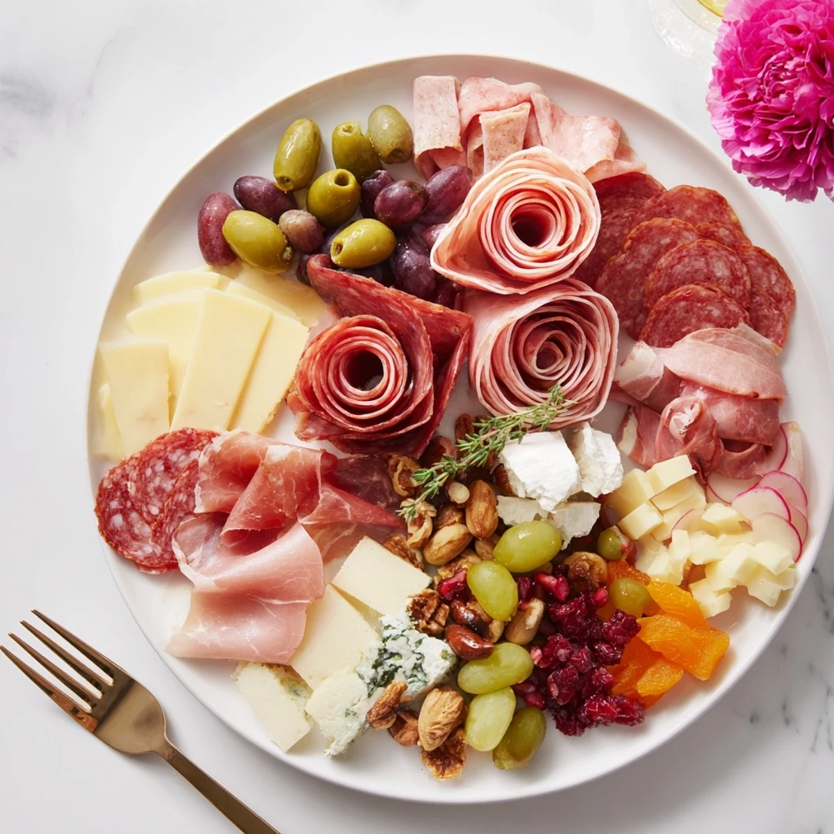 Festive charcuterie: A delicious meat rose bouquet, full of savory flavors and textures.