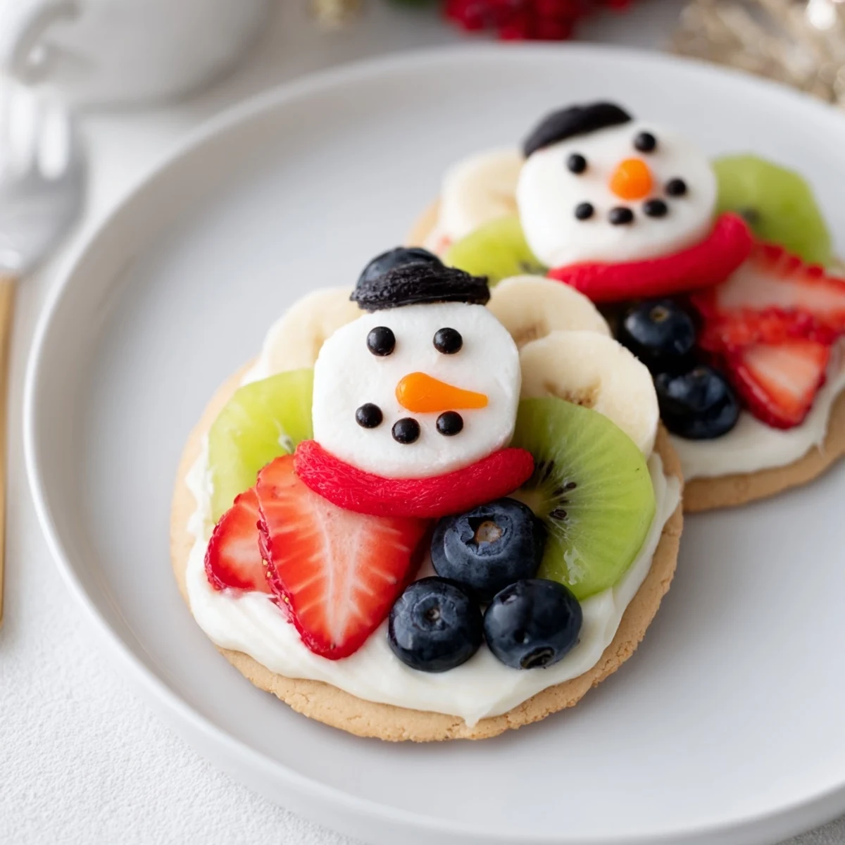 Melting Snowman Fruit Pizza, a colorful dessert with melting snowmen made of bananas and marshmallows.