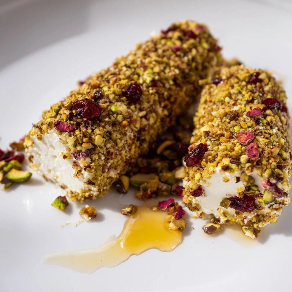 Festive Cranberry Goat Cheese Logs displayed on a board, drizzled with honey and served with crackers.